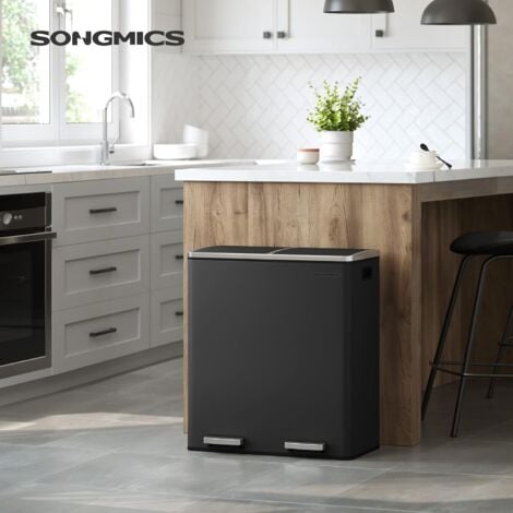 Poubelle de cuisine tri sélectif SONGMICS LTB60BK - Noir - 2 x 30L - 2 seaux en plastique - 15 sacs poubelles - Pédales en métal - Couvercles - Poignées - Fermeture en douceur - Hermétique