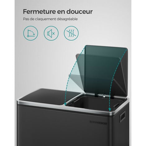 Poubelle de cuisine tri sélectif SONGMICS LTB60BK - Noir - 2 x 30L - 2 seaux en plastique - 15 sacs poubelles - Pédales en métal - Couvercles - Poignées - Fermeture en douceur - Hermétique