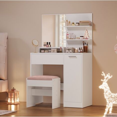 Coiffeuse avec Miroir, 1 tiroir, 2 étagères, SANS TABOURET, 80 x 40 x 132 cm, Placard de Rangement, Organisateur de Maquillage, Blanc