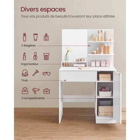 Coiffeuse avec Miroir, 1 tiroir, 2 étagères, SANS TABOURET, 80 x 40 x 132 cm, Placard de Rangement, Organisateur de Maquillage, Blanc