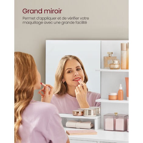 Coiffeuse avec Miroir, 1 tiroir, 2 étagères, SANS TABOURET, 80 x 40 x 132 cm, Placard de Rangement, Organisateur de Maquillage, Blanc