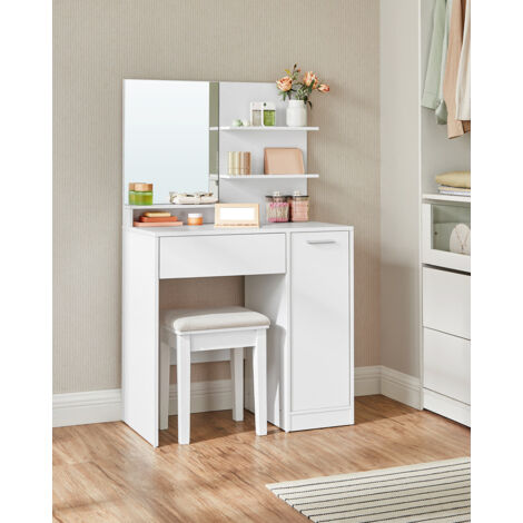 Coiffeuse avec Miroir, 1 tiroir, 2 étagères, SANS TABOURET, 80 x 40 x 132 cm, Placard de Rangement, Organisateur de Maquillage, Blanc