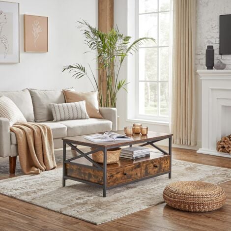 VASAGLE Table Basse, Table de Salon, Buffet Bas, avec 2 Tiroirs et Un Compartiment Ouvert, Cadre en Acier en Forme de X, 100 x 55 x 45 cm, Style Industriel, Marron Rustique et Noir par SONGMICS LCT201