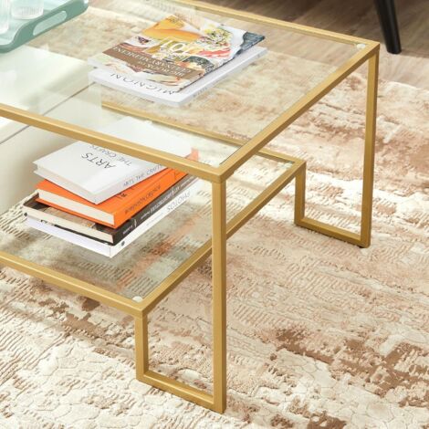 VASAGLE Table basse, Table de salon, 2 niveaux en verre trempé, cadre en acier, 100 x 55 x 45 cm, rectangulaire, décoration de salon, Doré par SONGMICS LGT033A01