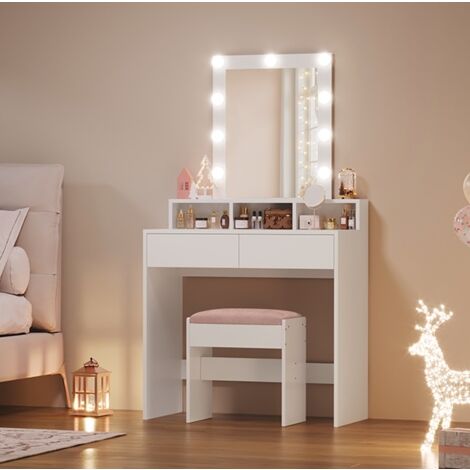 Coiffeuse avec Miroir et Ampoules VASAGLE - 80 x 40 x 132 cm - 2 tiroirs - 3 Compartiments de Rangement - Sans Tabouret - Style Moderne - Blanc