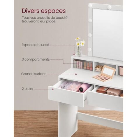 Coiffeuse avec Miroir et Ampoules VASAGLE - 80 x 40 x 132 cm - 2 tiroirs - 3 Compartiments de Rangement - Sans Tabouret - Style Moderne - Blanc