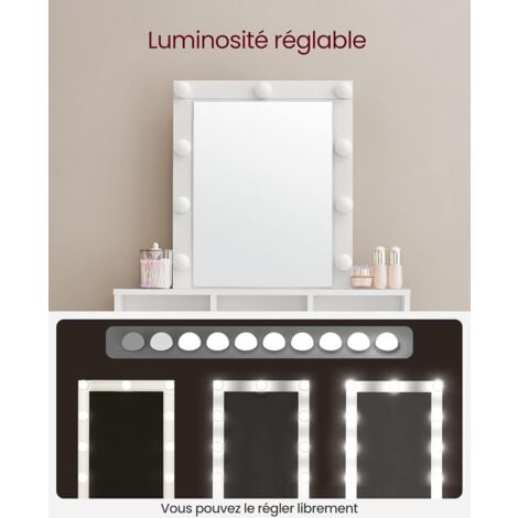 Coiffeuse avec Miroir et Ampoules VASAGLE - 80 x 40 x 132 cm - 2 tiroirs - 3 Compartiments de Rangement - Sans Tabouret - Style Moderne - Blanc