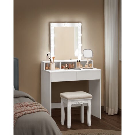 Coiffeuse avec Miroir et Ampoules VASAGLE - 80 x 40 x 132 cm - 2 tiroirs - 3 Compartiments de Rangement - Sans Tabouret - Style Moderne - Blanc