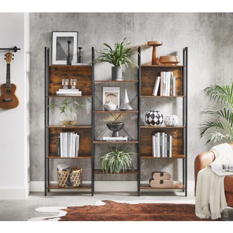 Vasagle – Bibliothèque industrielle 14 compartiments – Cadre en acier noir – Dimensions 158 x 24 x 166 cm – Charge max 10 kg par niveau – Marron rustique