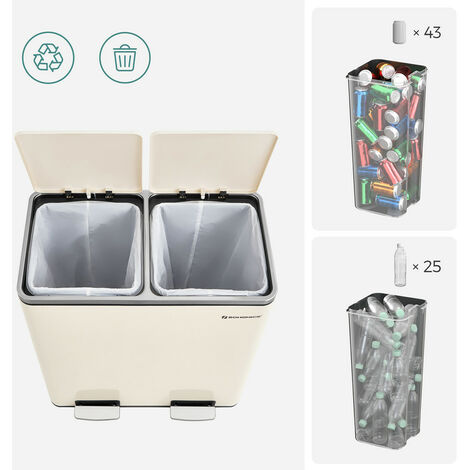 Poubelle De Cuisine Double 2x30L SONGMICS - Tri Sélectif, Acier, Fermeture Douce à Pédale, Noir