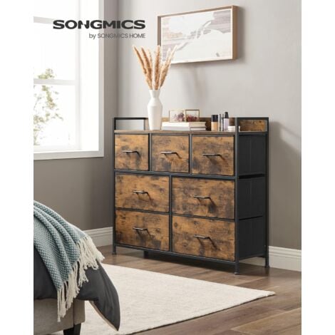 Commode avec 7 Tiroirs en Tissu, Meuble de Rangement à 3 Niveaux, avec Poignées en Métal, Style Industriel, Marron Rustique et Noir