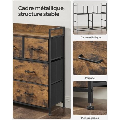 Commode avec 7 Tiroirs en Tissu, Meuble de Rangement à 3 Niveaux, avec Poignées en Métal, Style Industriel, Marron Rustique et Noir