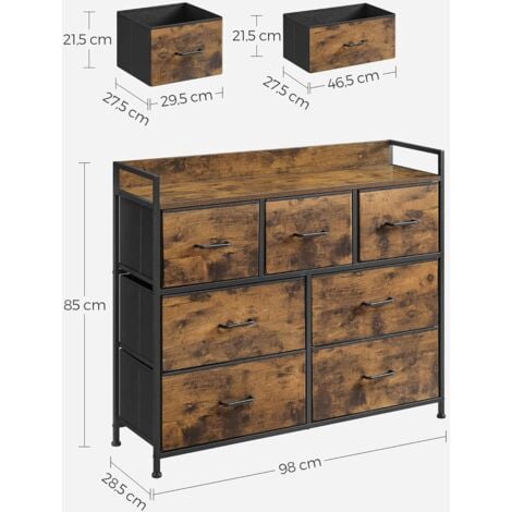 Commode avec 7 Tiroirs en Tissu, Meuble de Rangement à 3 Niveaux, avec Poignées en Métal, Style Industriel, Marron Rustique et Noir