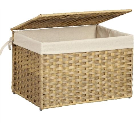 Boîte de Rangement Rotin, Bac de Rangement, Panier à Linge 65 L, Corbeille Décorative, Coffre de Rangement, avec Poignées, Doublure, Couvercle, pour Chambre, Buanderie, Couleur Boisée RST56NL