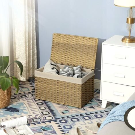 Boîte de Rangement Rotin, Bac de Rangement, Panier à Linge 65 L, Corbeille Décorative, Coffre de Rangement, avec Poignées, Doublure, Couvercle, pour Chambre, Buanderie, Couleur Boisée RST56NL