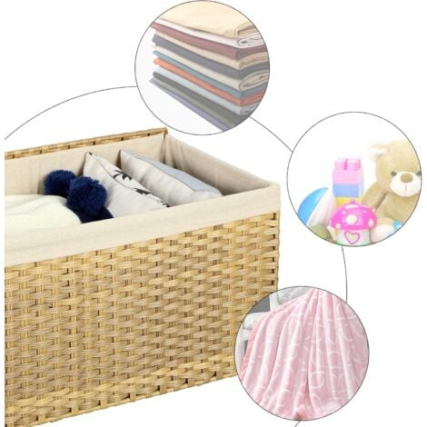Boîte de Rangement Rotin, Bac de Rangement, Panier à Linge 65 L, Corbeille Décorative, Coffre de Rangement, avec Poignées, Doublure, Couvercle, pour Chambre, Buanderie, Couleur Boisée RST56NL