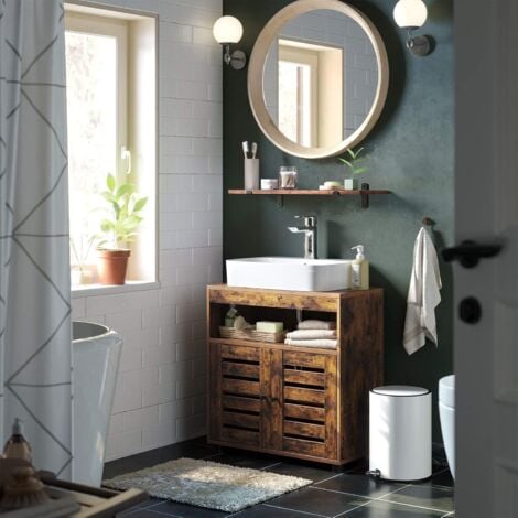 Meuble sous vasque, Meuble de Salle de Bain, Placard de Rangement, 60 x 30 x 63 cm, avec 2 Portes persiennes, Planche réglable, Brun Rustique