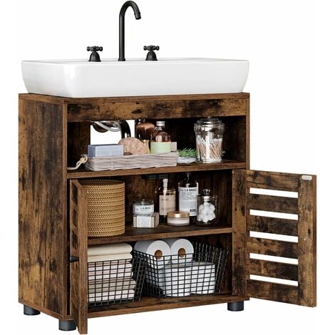 Meuble sous vasque, Meuble de Salle de Bain, Placard de Rangement, 60 x 30 x 63 cm, avec 2 Portes persiennes, Planche réglable, Brun Rustique