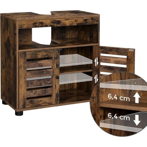 Meuble sous vasque, Meuble de Salle de Bain, Placard de Rangement, 60 x 30 x 63 cm, avec 2 Portes persiennes, Planche réglable, Brun Rustique