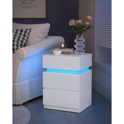 VASAGLE Table de Chevet, avec Bande LED Multicolore Réglable, 3 Tiroirs, 40 x 35 x 55 cm, Table d'Appoint de Style Moderne, Blanc