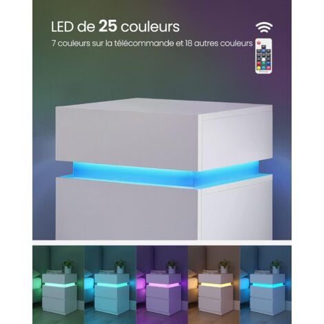 VASAGLE Table de Chevet, avec Bande LED Multicolore Réglable, 3 Tiroirs, 40 x 35 x 55 cm, Table d'Appoint de Style Moderne, Blanc