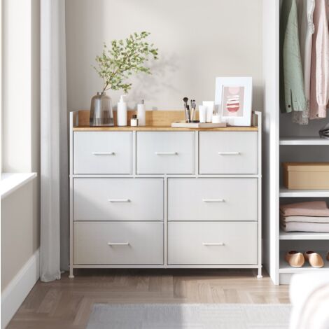 Commode avec 7 Tiroirs en Tissu avec Poignées, Cadre en Métal, 98 x 28,5 x 85 cm, Style Moderne, Blanc et Couleur Boisée