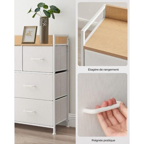 Commode avec 7 Tiroirs en Tissu avec Poignées, Cadre en Métal, 98 x 28,5 x 85 cm, Style Moderne, Blanc et Couleur Boisée