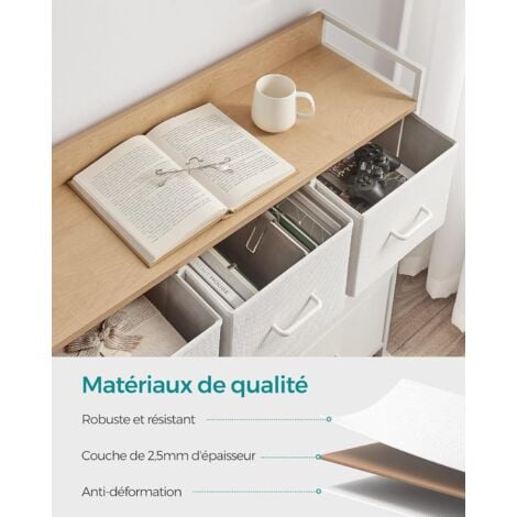 Commode avec 7 Tiroirs en Tissu avec Poignées, Cadre en Métal, 98 x 28,5 x 85 cm, Style Moderne, Blanc et Couleur Boisée