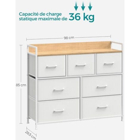 Commode avec 7 Tiroirs en Tissu avec Poignées, Cadre en Métal, 98 x 28,5 x 85 cm, Style Moderne, Blanc et Couleur Boisée