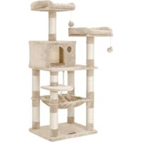 Feandrea – Arbre à chat 143 cm – 11 poteaux à griffer – 2 plateformes – 1 niche – 1 hamac – Tissu peluche – Beige