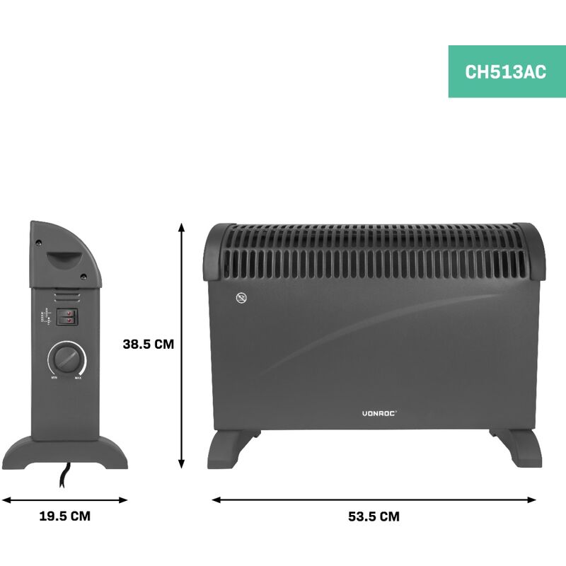 VONROC Riscaldatore elettrico - Stufa elettrica - Termoconvettore 2000W -  Grigio - Termostato regolabile