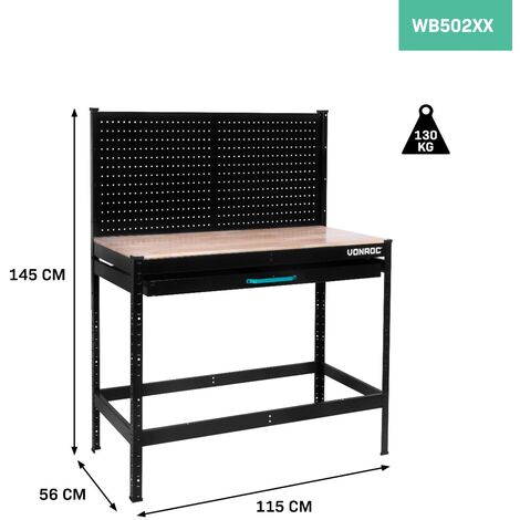 VONROC Banco da lavoro 115 x 56 x 145 cm. Capacità di carico 130kg. Con  cassetto