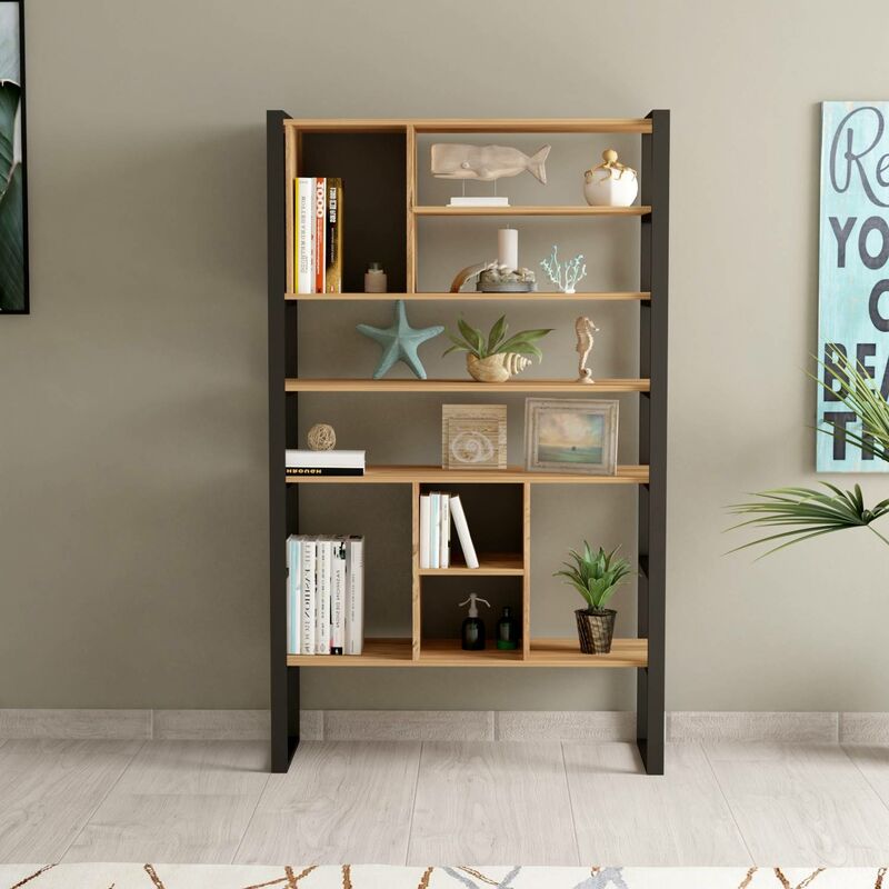 Étagère bibliothèque style industriel Yovan L120cm Bois clair et Métal Noir