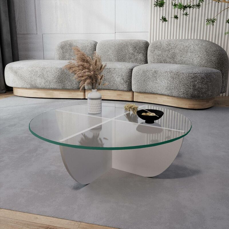 Table basse design Sunac D90cm Verre Transparent et Bois Blanc