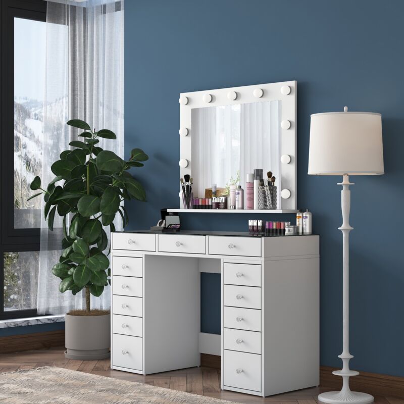 Coiffeuse Avec Miroir LED AOGLLATI - 4 Tiroirs 12 Compartiments Bois | Table Maquillage Lumière Réglable