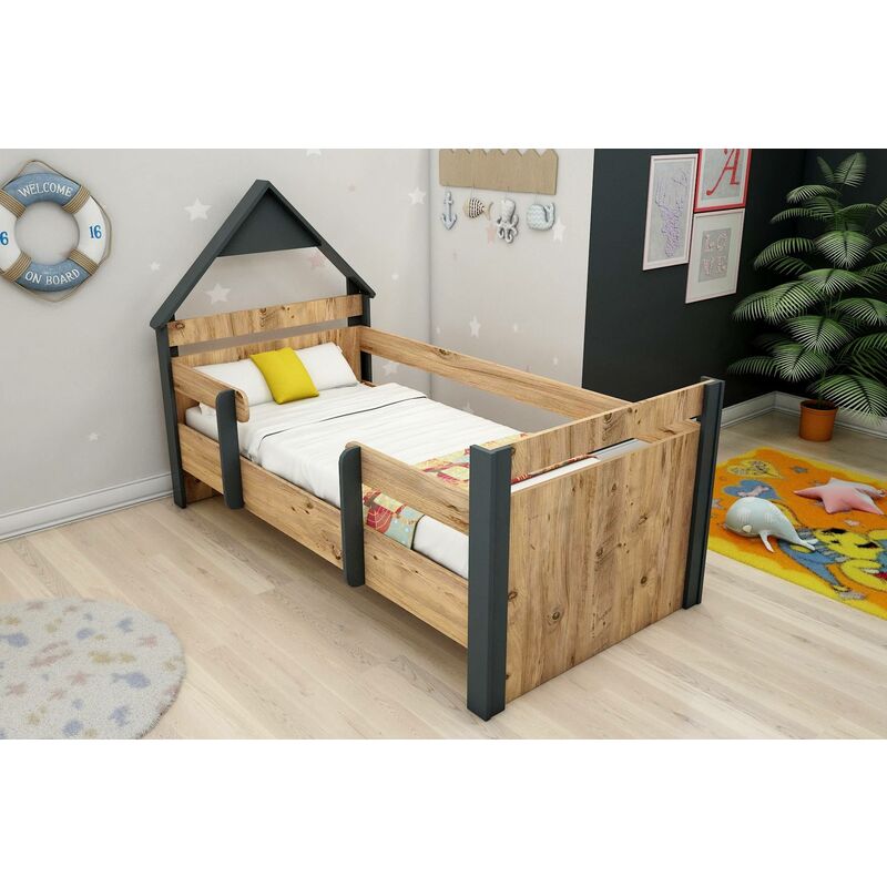 Lit simple pour enfant Donall Bois Pin clair et Anthracite