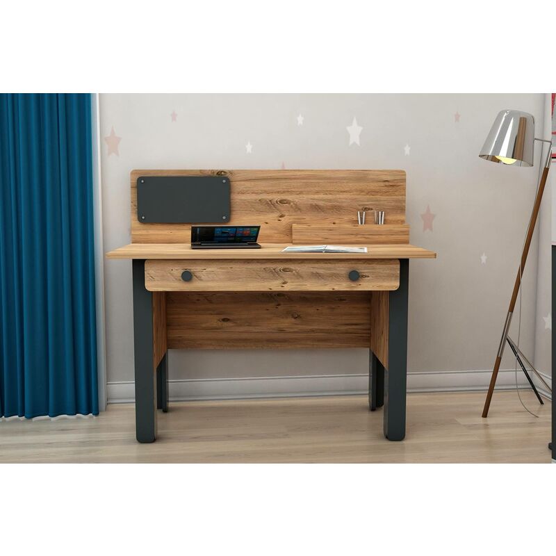 Bureau avec étagère Fekadu L120cm Chêne clair, Blanc et Anthracite