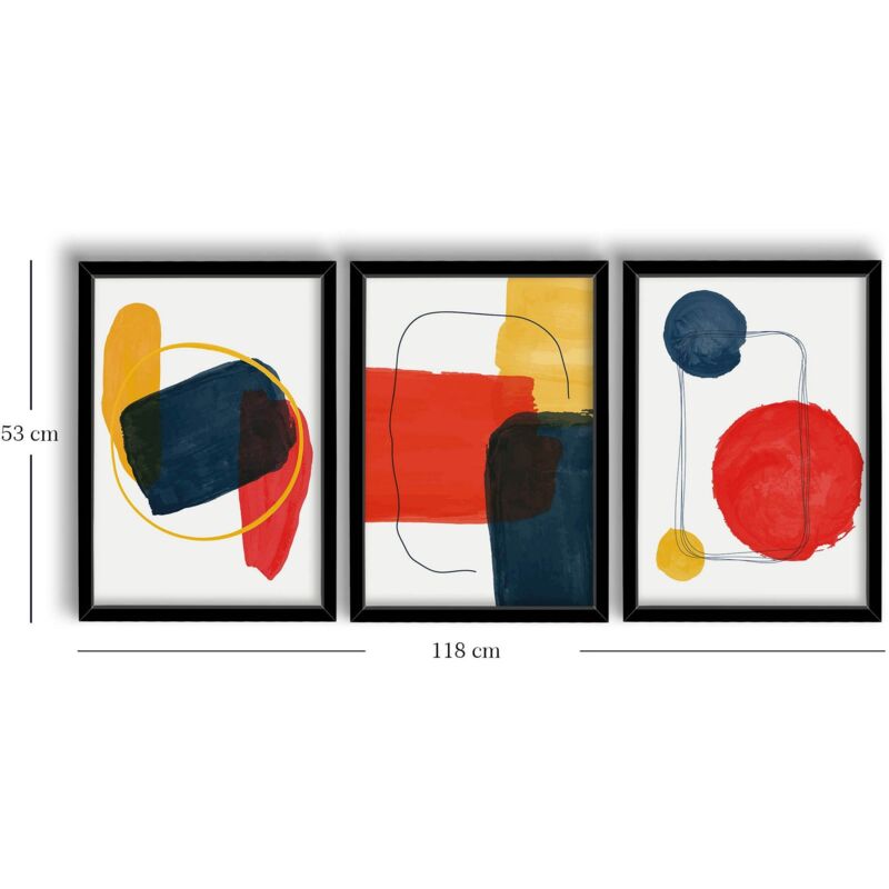 Set de 3 cadres décoratifs bois Noir Telchines L38xH53cm Style Abstrait  Bleu, Rouge et Jaune