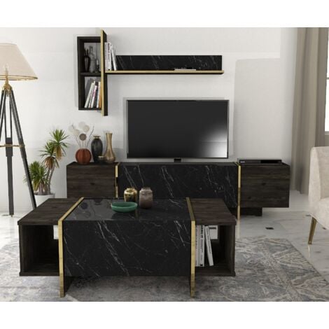 Ensemble meuble TV, étagère murale et table basse Frisko Bois foncé et Effet  marbre Noir