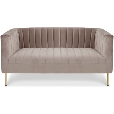 Cotecosy – Canapé droit 2 places velours taupe – Coutures verticales – Dimensions L150 x P76 x H72 cm – Hauteur d'assise H44 cm – Pieds en métal doré (1/5)