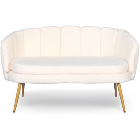 Canapé 2 places arrondi en tissu bouclette beige – Dimensions L138 x P76 x H80 cm – Pieds en métal doré pour élégance moderne