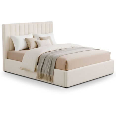 Cotecosy – Lit coffre 180x200cm – Sommier relevable en tissu bouclette beige – Tête de lit moderne – Rangement pratique sous le sommier (1/5)