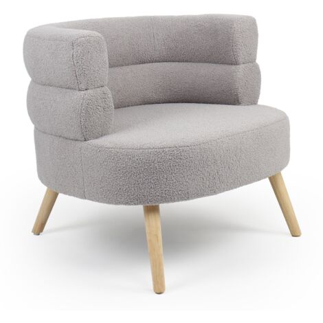 Cotecosy – Fauteuil relax scandinave arrondi en tissu bouclette gris – Dossier incurvé élégant – Pieds en bois clair – Dimensions L80 x P75 x H74 cm
