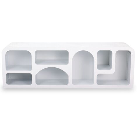 Buffet bas L160cm en bois M.D.F blanc texturé – Design arches troglodyte – Meuble TV ou rangement – Dimensions H50 x P40 cm
