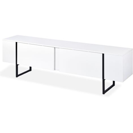 Cotecosy – Meuble TV moderne L180cm – 2 portes basculantes – Bois mélaminé blanc et métal noir – Rangement élégant pour salon contemporain