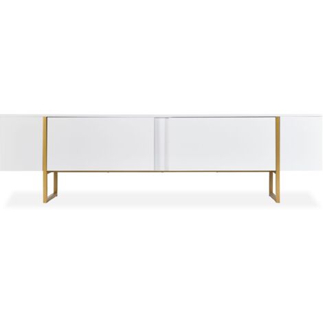 Cotecosy – Meuble TV moderne 180cm – 2 portes basculantes – Bois mélaminé blanc et métal doré – Rangement élégant pour salon contemporain