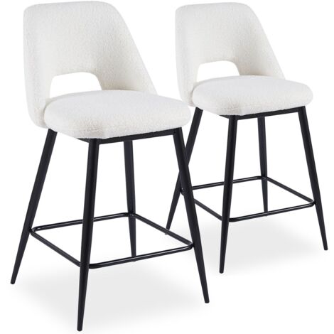 Cotecosy – Lot de 2 chaises de bar – Hauteur d'assise 66 cm – Métal noir et tissu bouclette crème – Dossier arrondi cocooning (1/5)