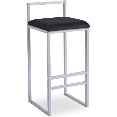 Cotecosy – Tabouret de bar en métal argenté – Assise velours noir – Hauteur d'assise 65 cm – Design épuré pour intérieur moderne