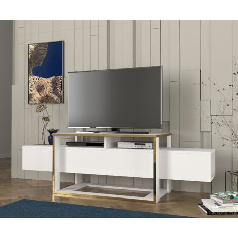 Meuble TV Pirarucu 160cm Bois Blanc et Or