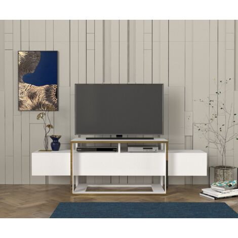 Meuble TV Pirarucu 160cm Bois Blanc et Or